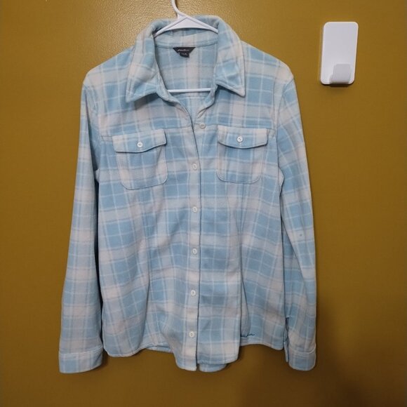 Eddie Bauer Long Sleeve Lightweight Plaid Button Up Soft Fleece Shacket L Preppy - Picture 1 of 7